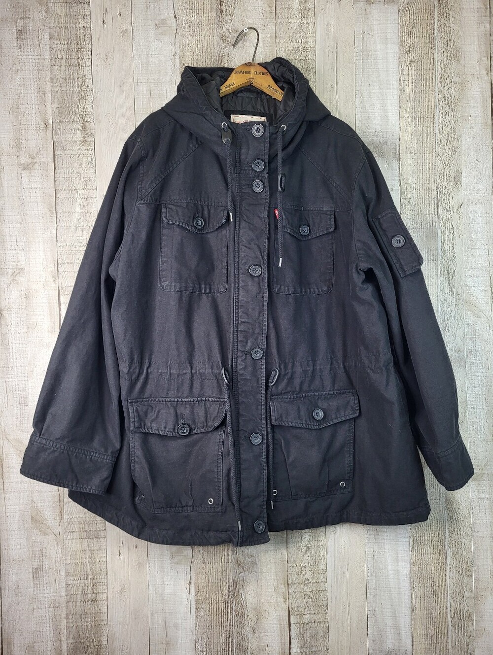 Levis Black 3XL Hooded Utility Jacket Coat. With Drawstring. Ladies